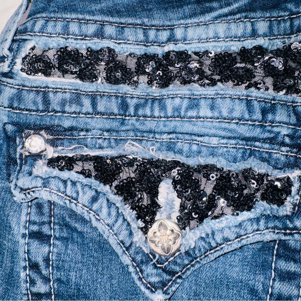 Miss Me Boot Cut Blue Jeans size 33 with Black Details - Picture 7 of 13